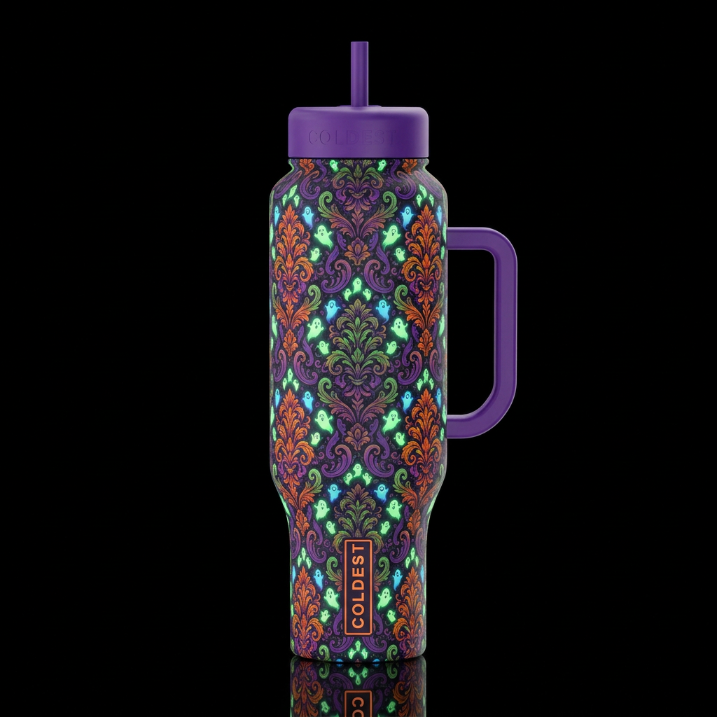 Halloween theme damask fabric with glowie ghosts water bottle design