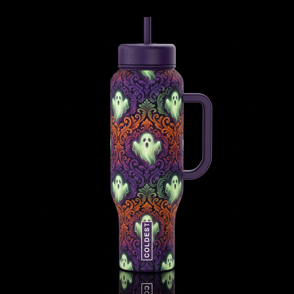 Halloween theme damask fabric with glowie ghosts water bottle design