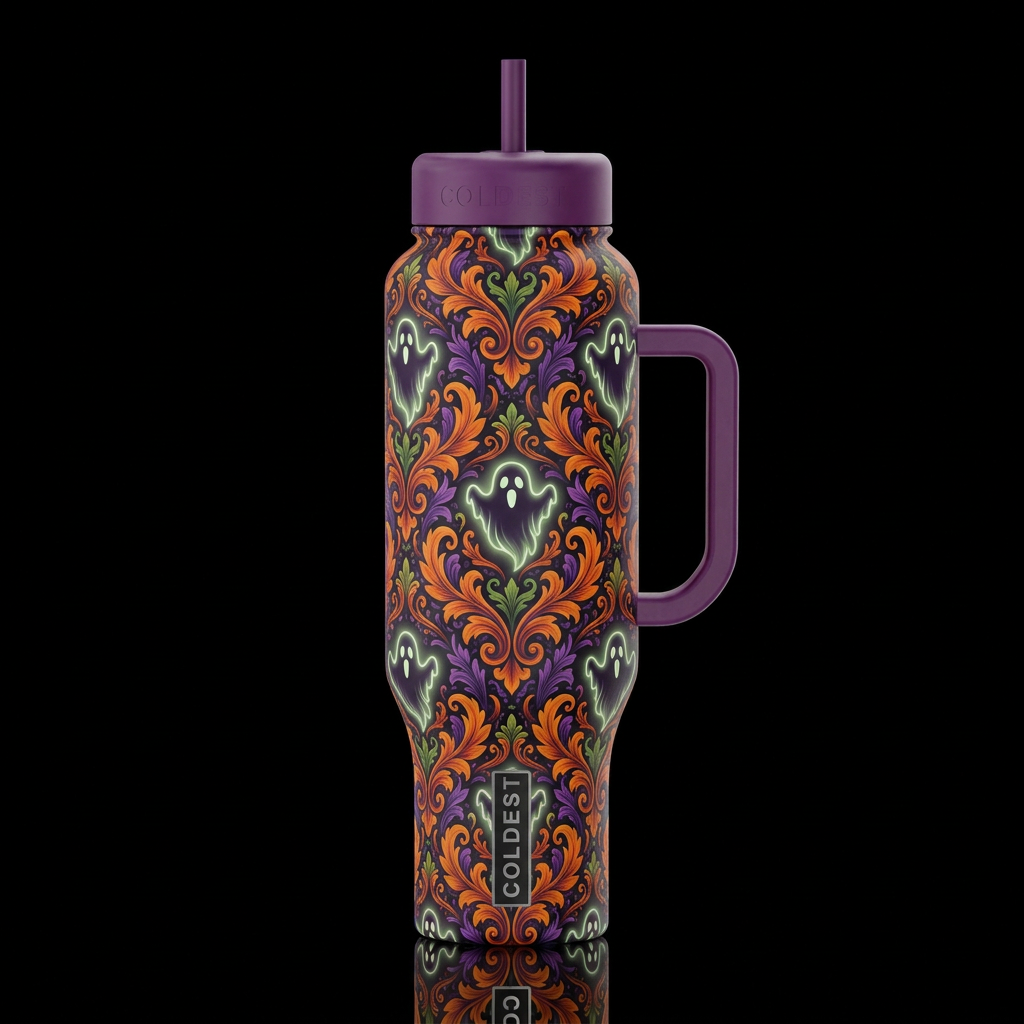 Halloween theme damask fabric with glowie ghosts water bottle design