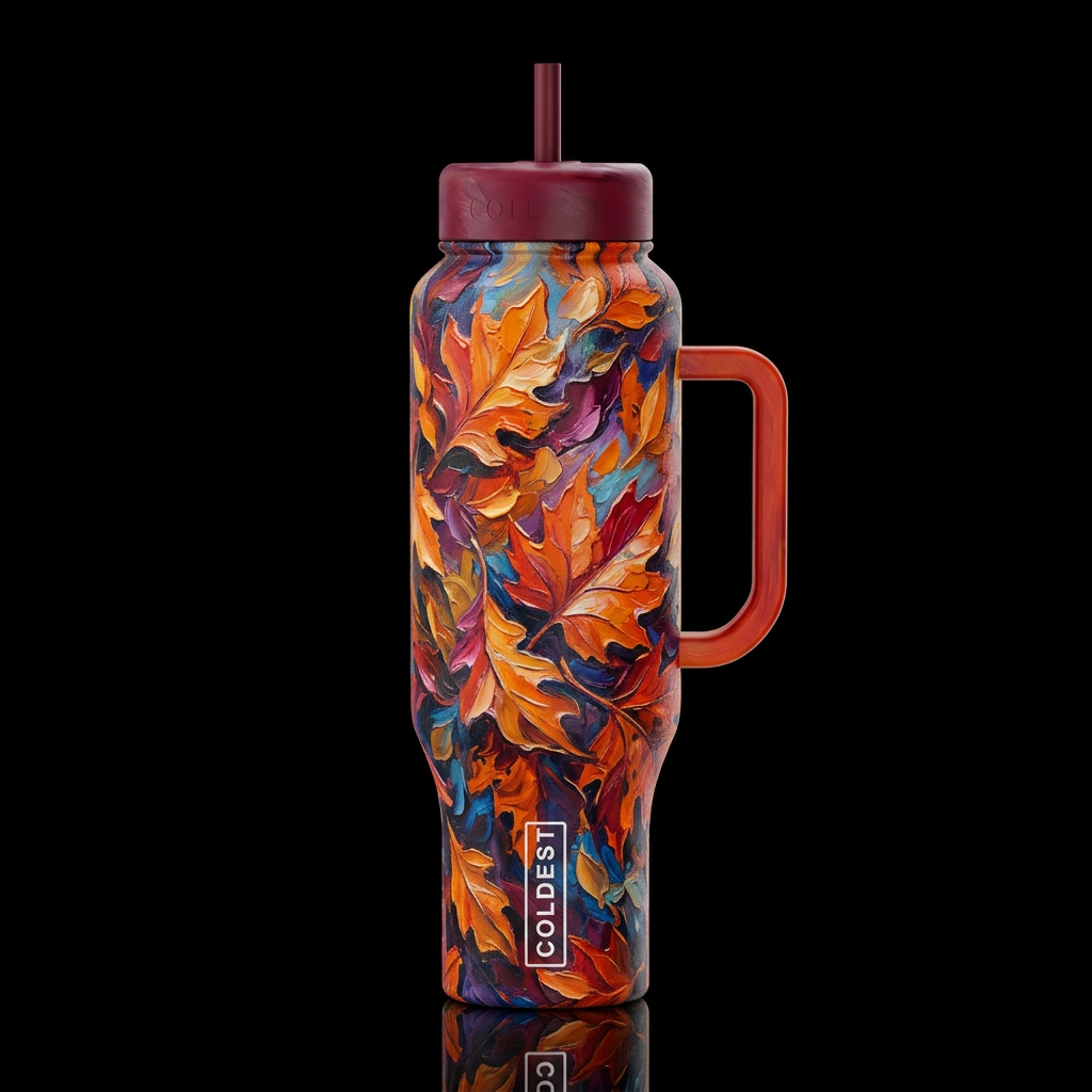 chromatic, vibrant colorful autumn leaves, oil pai... water bottle design