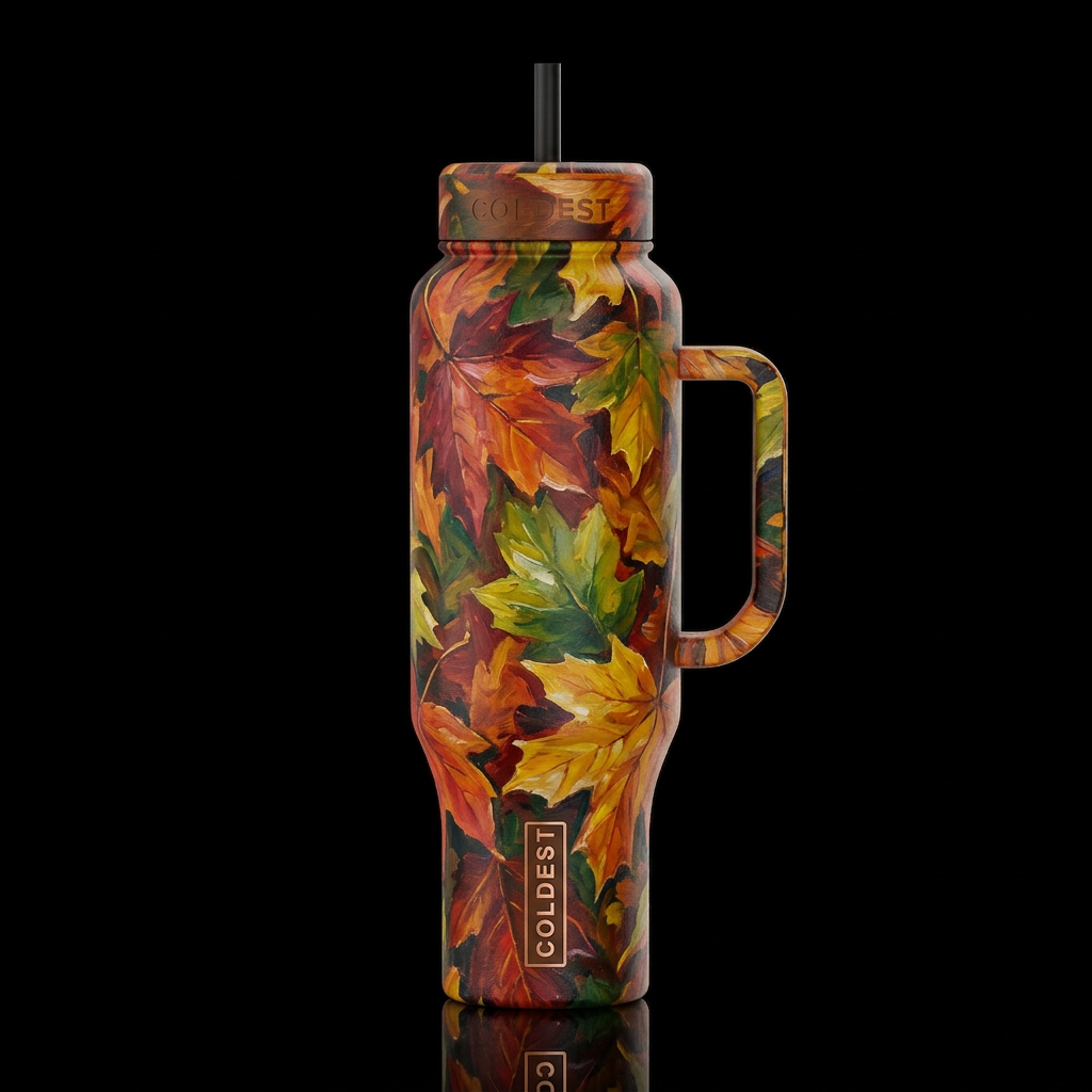 chromatic, vibrant colorful autumn leaves, oil pai... water bottle design