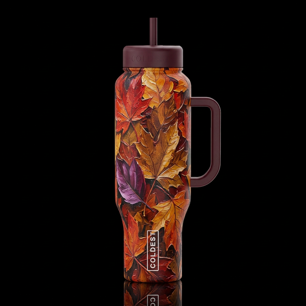 chromatic, vibrant colorful autumn leaves, oil pai... water bottle design