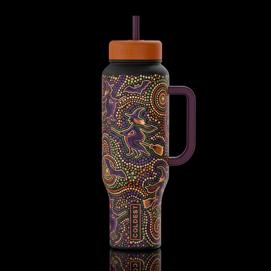 Halloween aboriginal dots and swirls floating witc... water bottle design