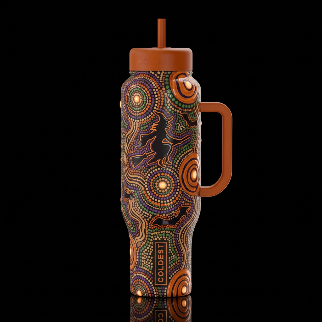 Halloween aboriginal dots and swirls floating witc... water bottle design