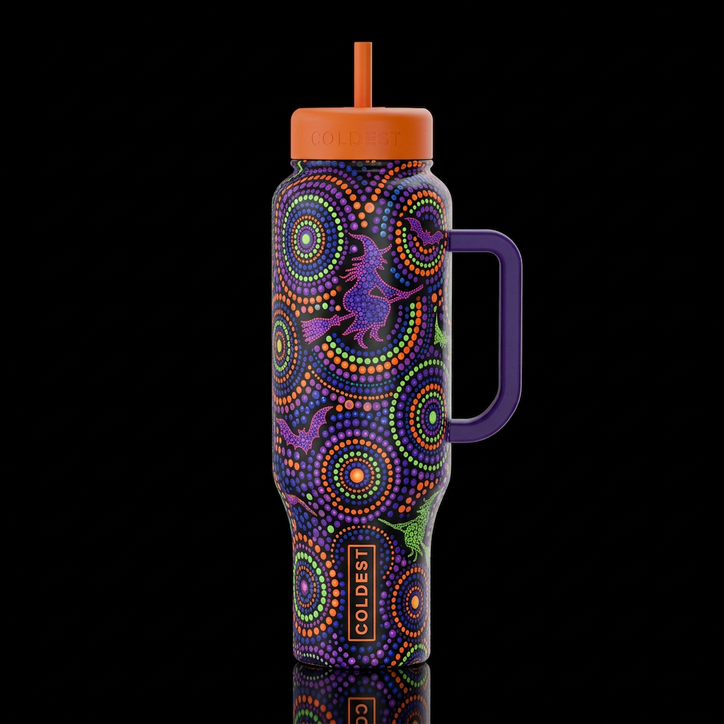 Halloween aboriginal dots and swirls floating witc... water bottle design