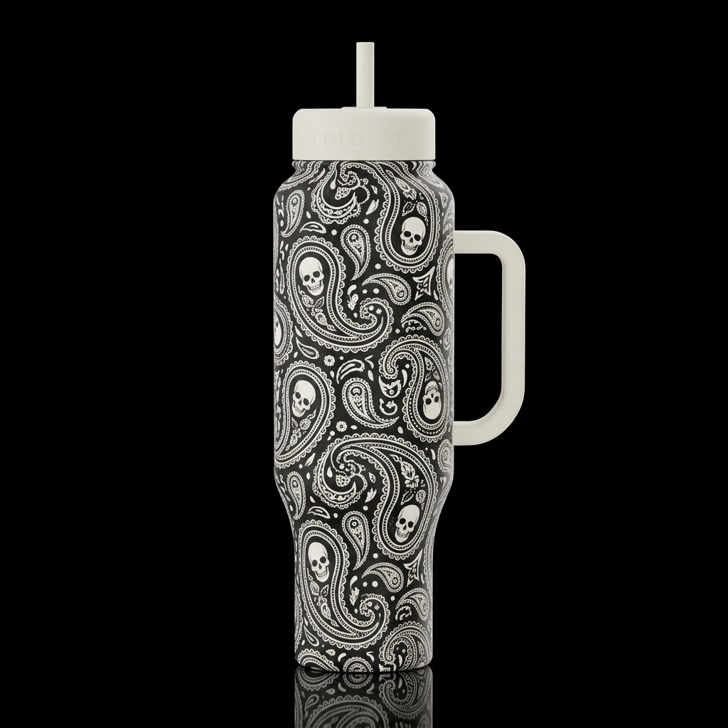 vintage white skull and a retro paisley black and ... water bottle design