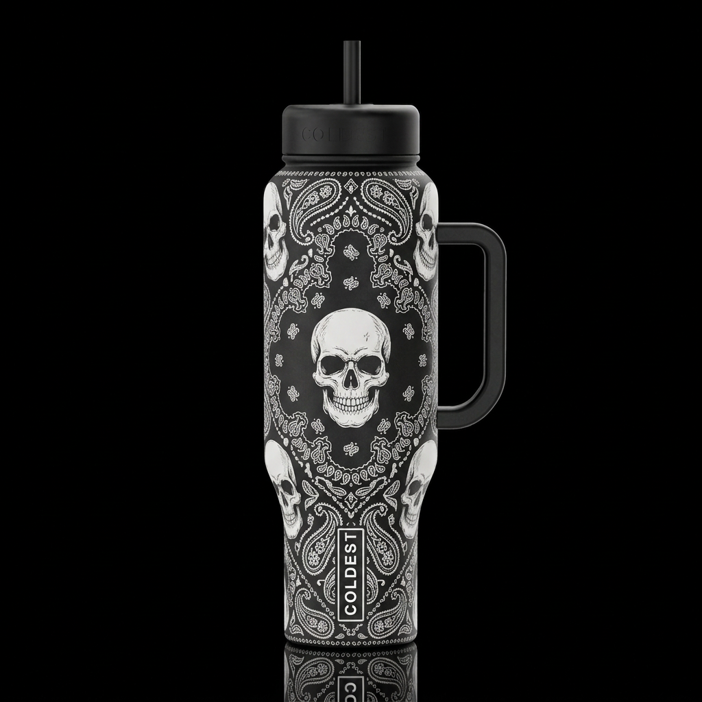 vintage white skull and a retro paisley black and ... water bottle design