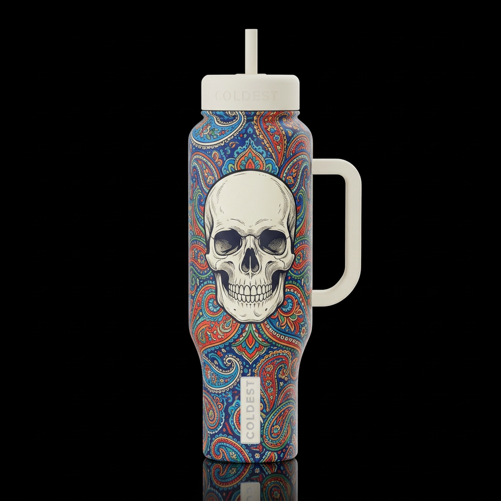 vintage white skull and a retro paisley black and ... water bottle design