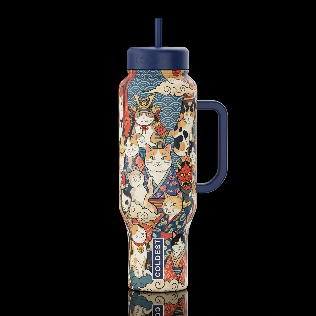 printed Ukiyo-e style multi different style Cats  ... water bottle design