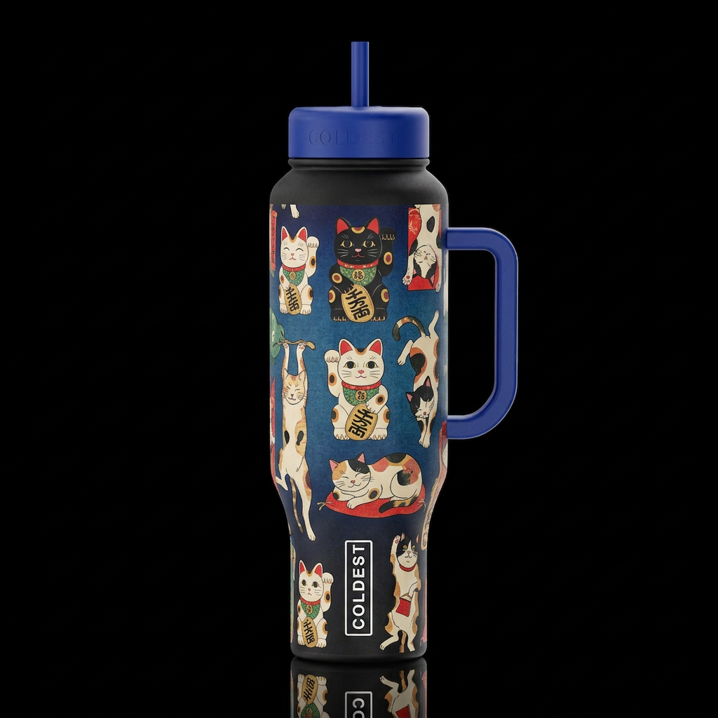 printed Ukiyo-e style multi different style Cats  ... water bottle design