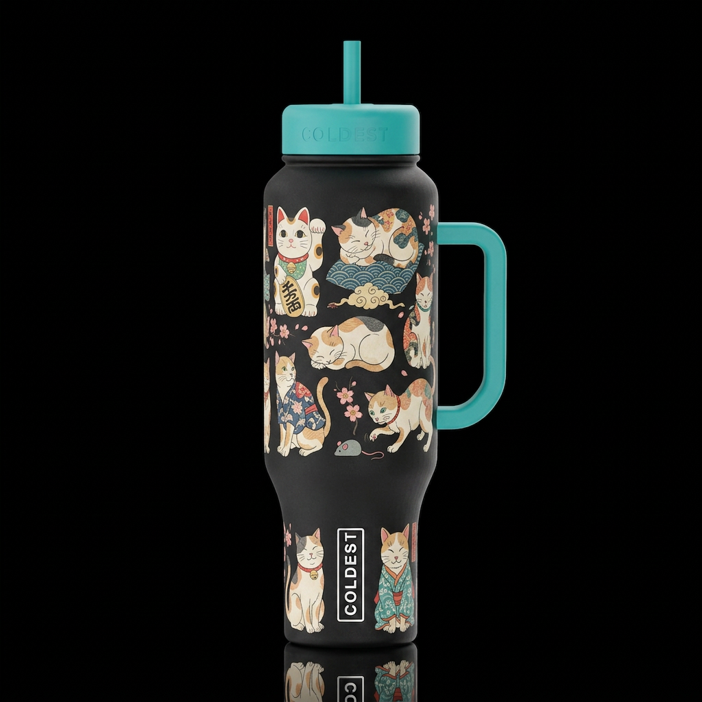 printed Ukiyo-e style multi different style Cats  ... water bottle design
