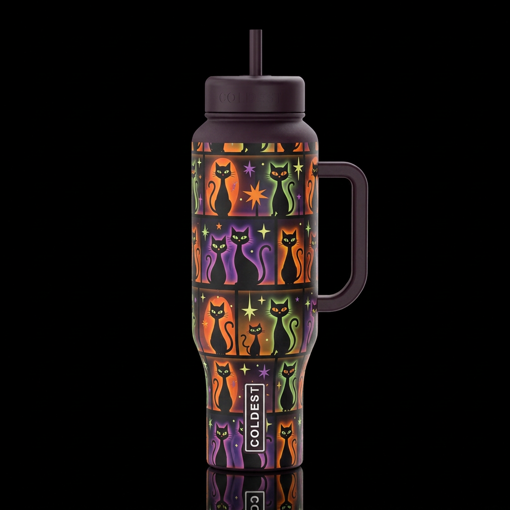 mid century retro cats and stars on a line shelf i... water bottle design