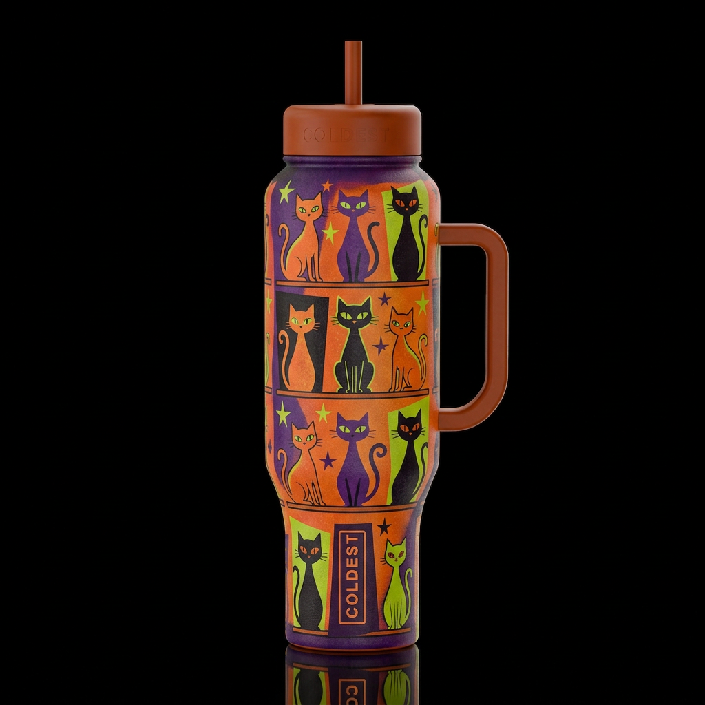 mid century retro cats and stars on a line shelf i... water bottle design