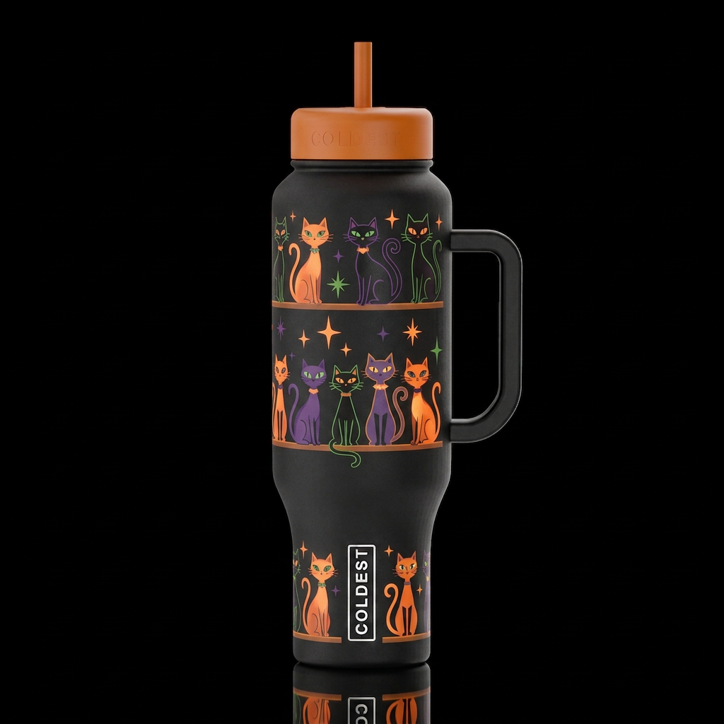 mid century retro cats and stars on a line shelf i... water bottle design