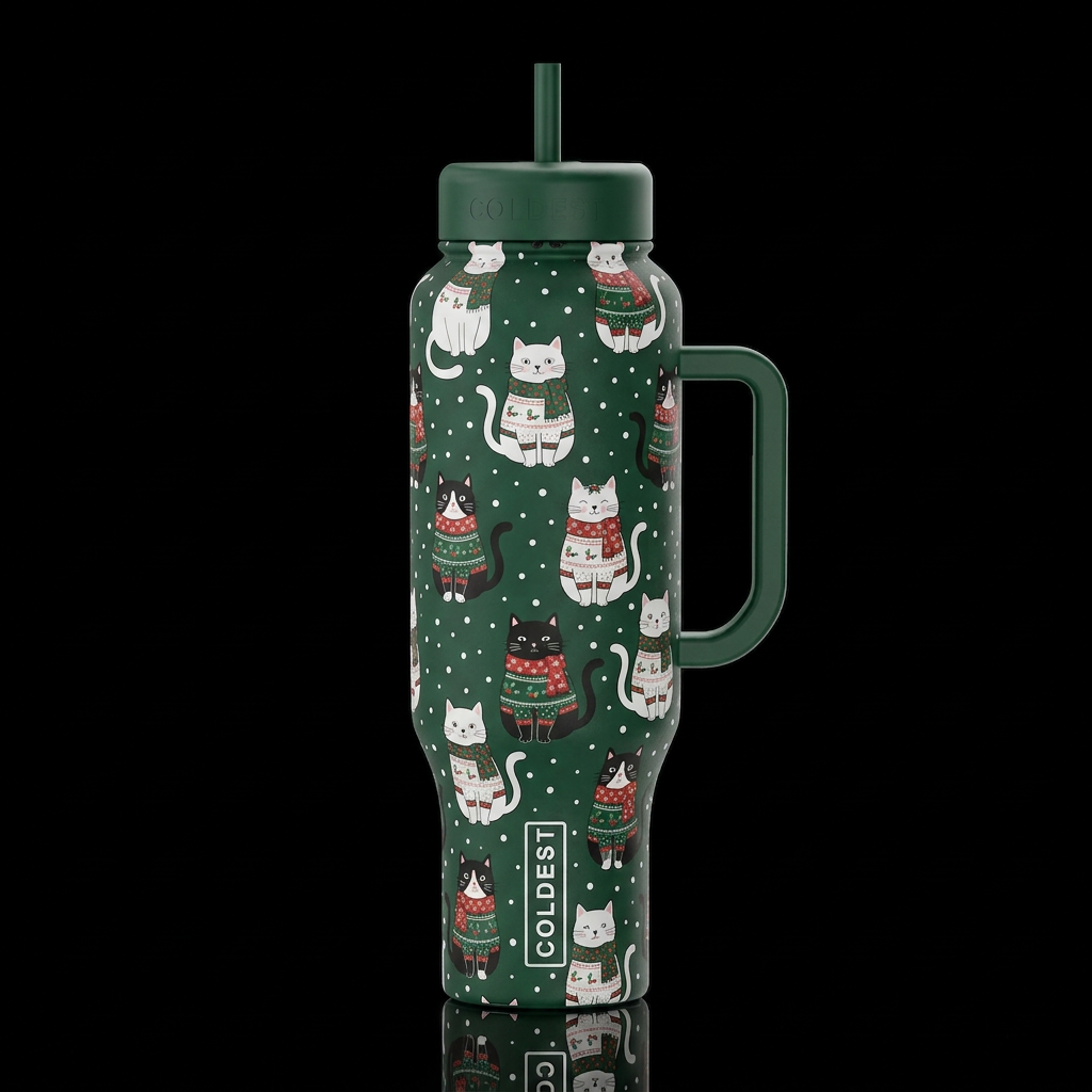 white cats and black cats dressed in Christmas swe... water bottle design