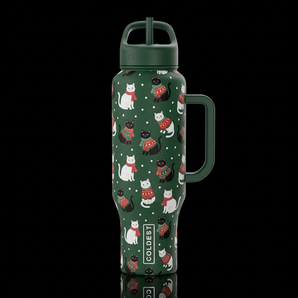 white cats and black cats dressed in Christmas swe... water bottle design