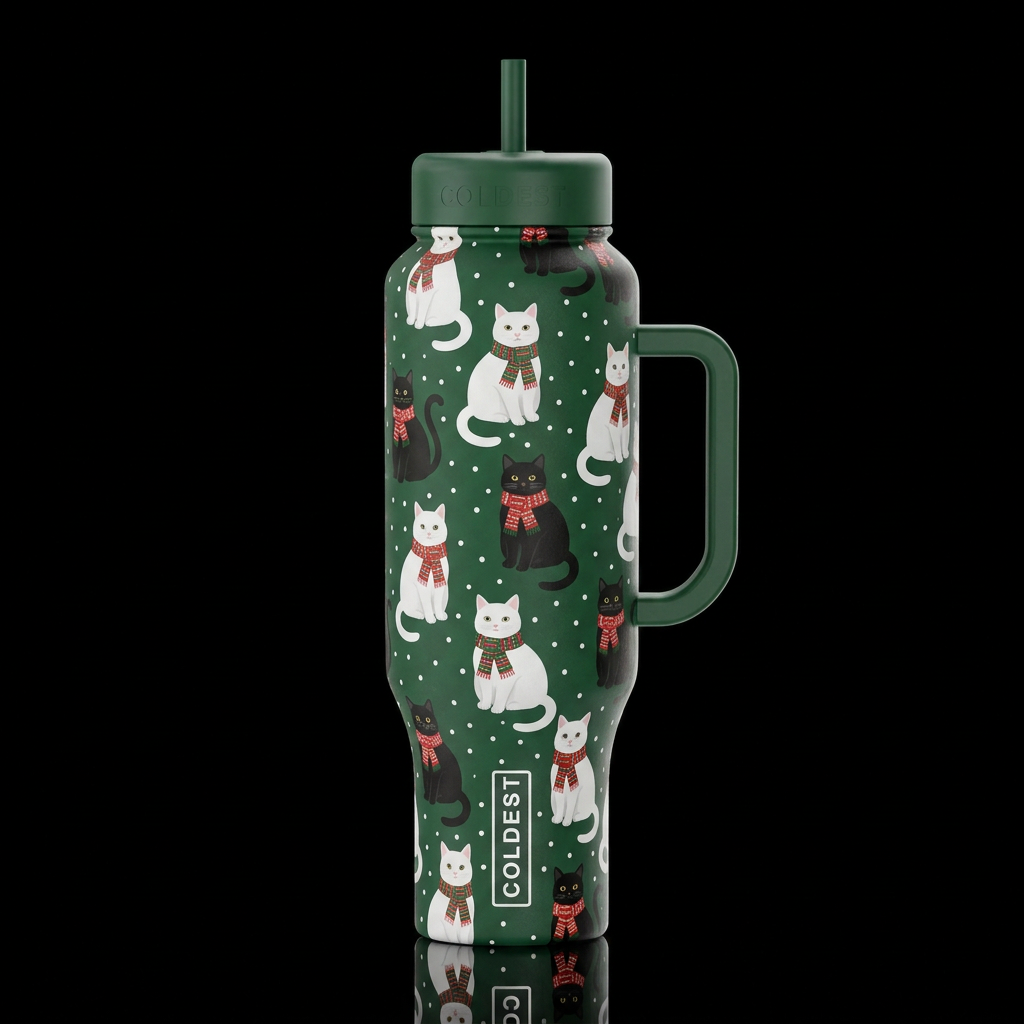 white cats and black cats dressed in Christmas swe... water bottle design