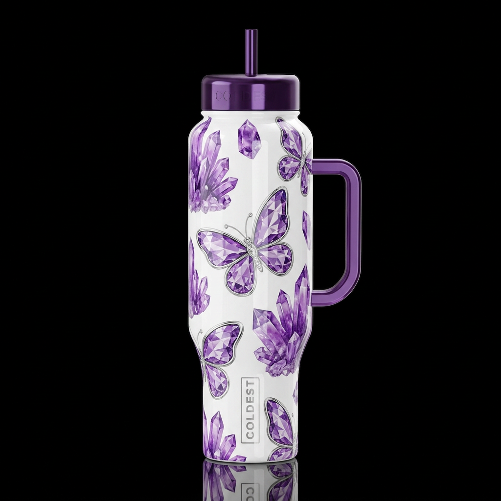bright and shiny amethyst, crystal butterfly's out... water bottle design