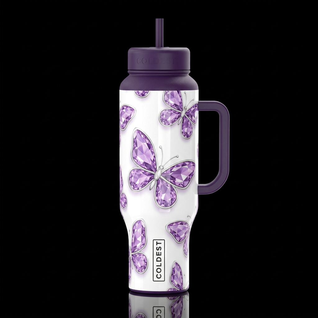 bright and shiny amethyst, crystal butterfly's out... water bottle design