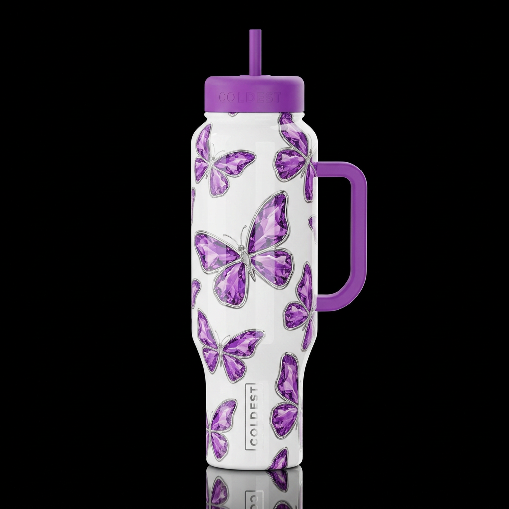 bright and shiny amethyst, crystal butterfly's out... water bottle design