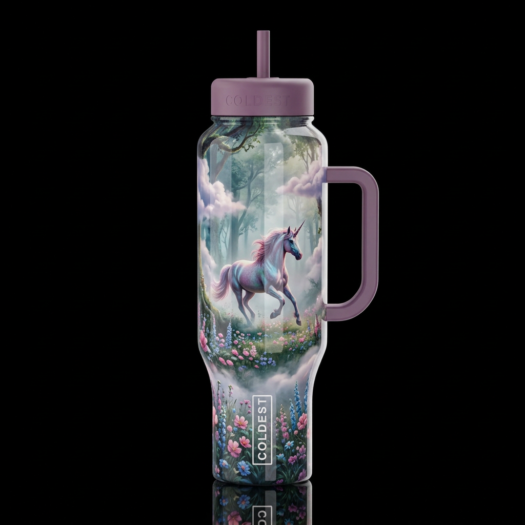 unicorn, clouds, magical, fantasy, foggy morning e... water bottle design
