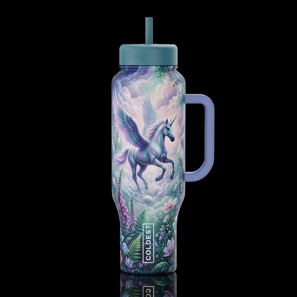 unicorn, clouds, magical, fantasy, foggy morning e... water bottle design