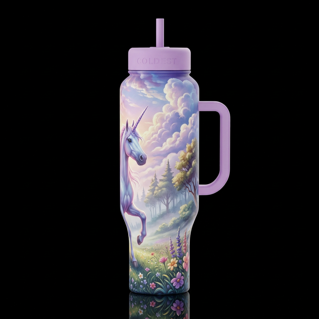unicorn, clouds, magical, fantasy, foggy morning e... water bottle design