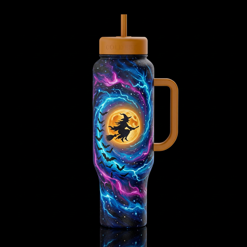neon starry night crackles with electric blue vort... water bottle design