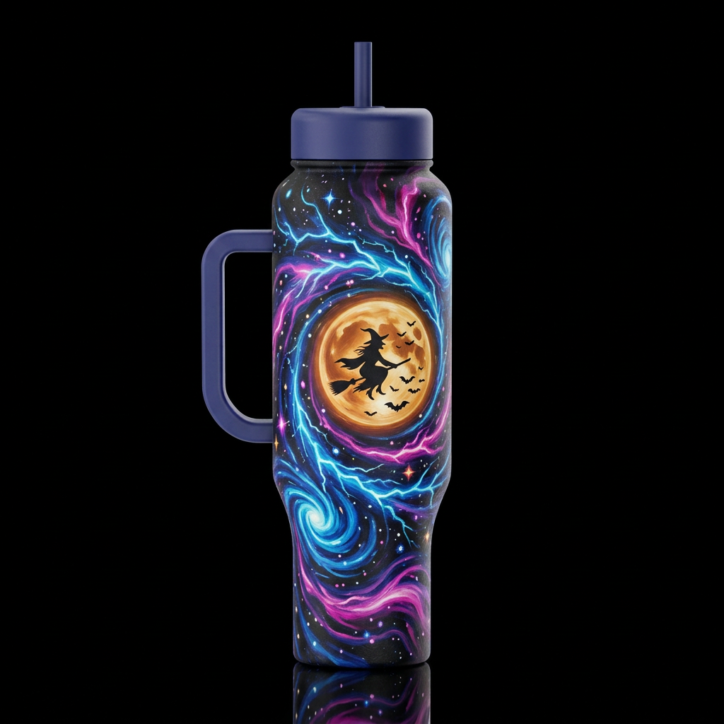 neon starry night crackles with electric blue vort... water bottle design