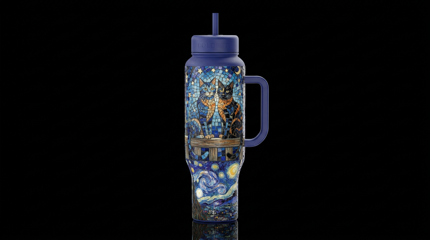 mosaic two cats sitting on a railing over looking ... water bottle design