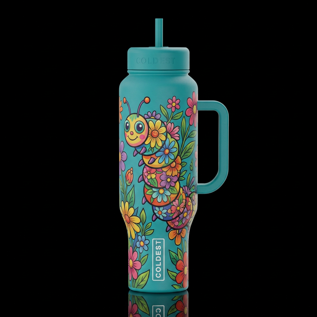 colorful flowers caterpillar , whimsical, funk sty... water bottle design