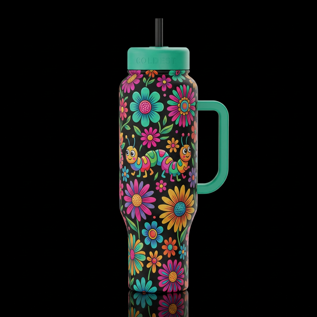 colorful flowers caterpillar , whimsical, funk sty... water bottle design