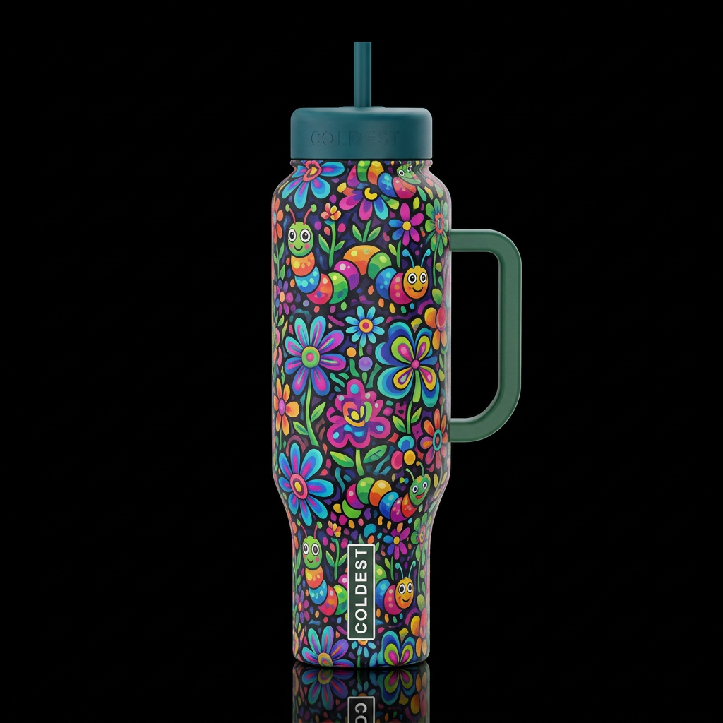 colorful flowers caterpillar , whimsical, funk sty... water bottle design