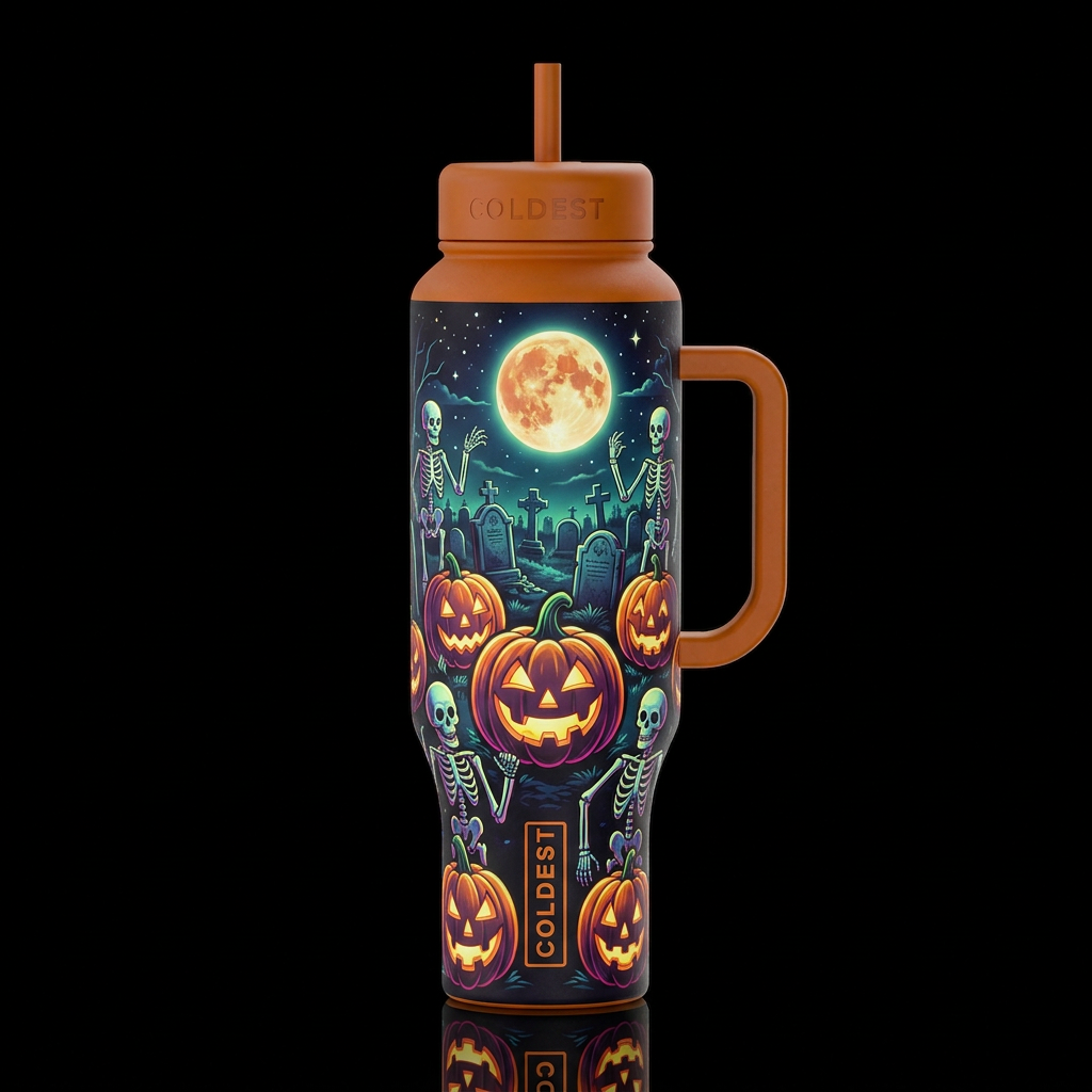 funk glowie Halloween style cemetery jack o lanter... water bottle design