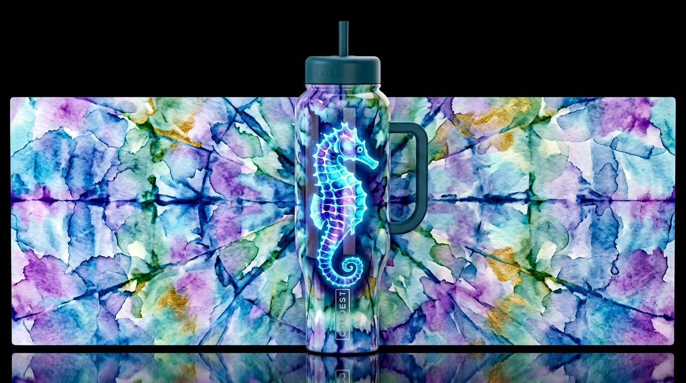 Shibori, seahorse glowie, watercolor glossy water bottle design