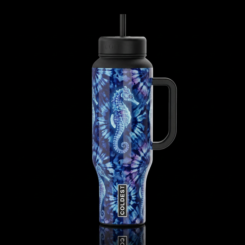 Shibori, seahorse glowie, watercolor glossy water bottle design