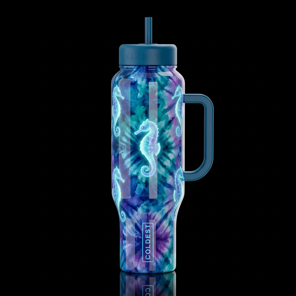Shibori, seahorse glowie, watercolor glossy water bottle design