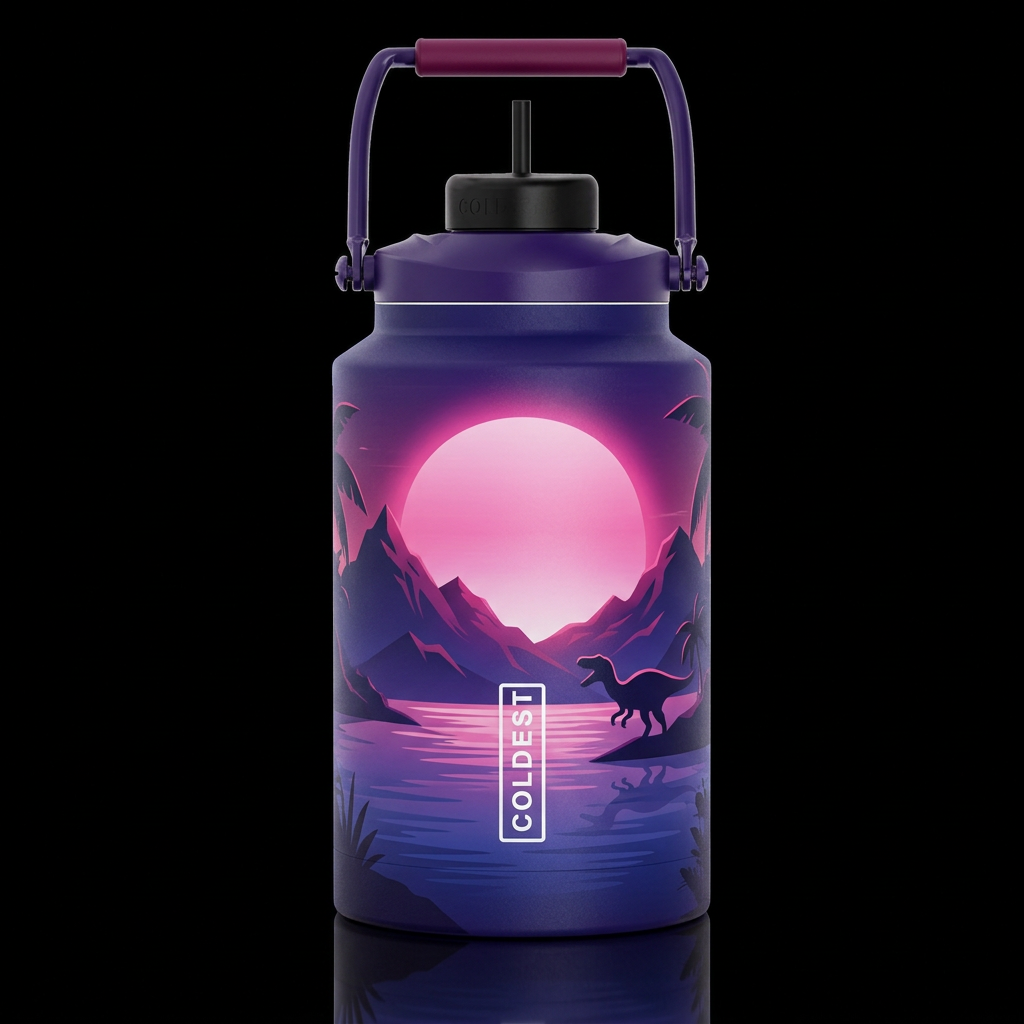 synthwave tropical mountains and large pink glowie... water bottle design