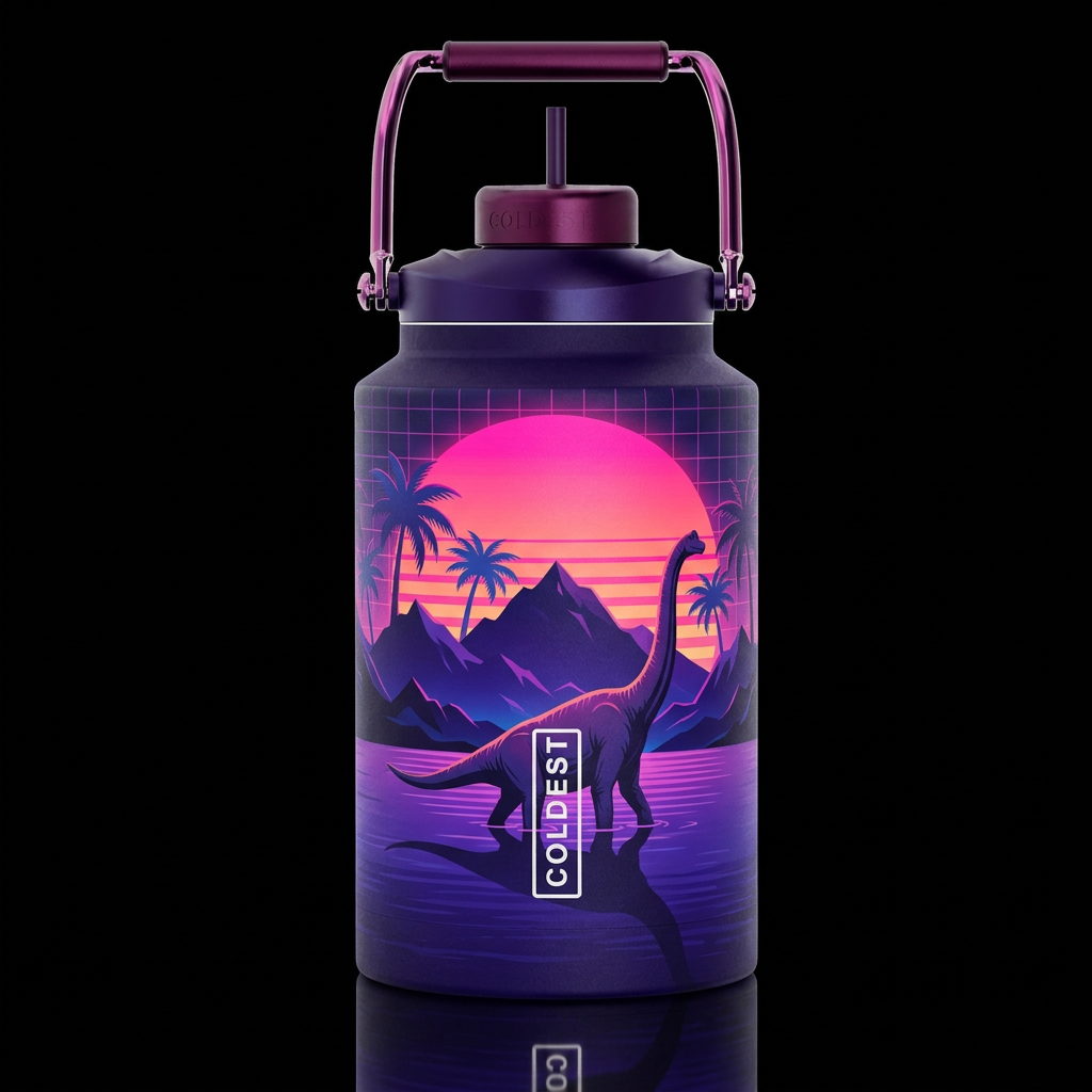 synthwave tropical mountains and large pink glowie... water bottle design