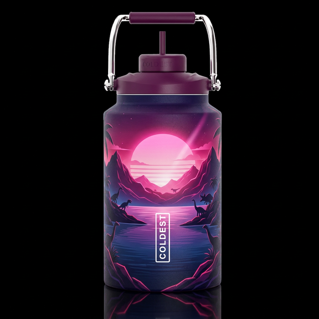 synthwave tropical mountains and large pink glowie... water bottle design