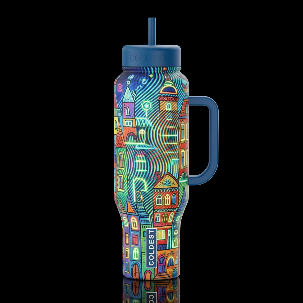architecture, moire facade, naive art glowie water bottle design