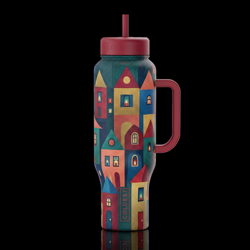 architecture, moire facade, naive art glowie water bottle design