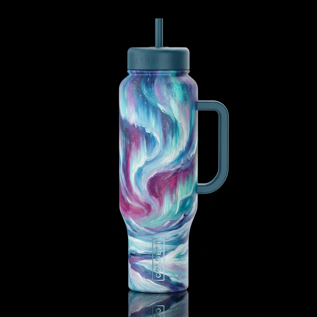 frozen tundra, magical, fantasy, vibrant, swirls, ... water bottle design