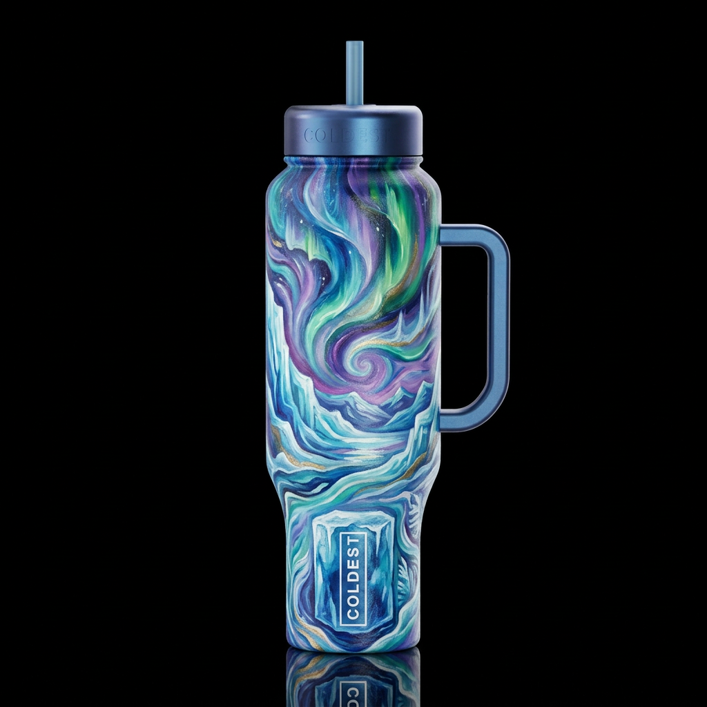 frozen tundra, magical, fantasy, vibrant, swirls, ... water bottle design