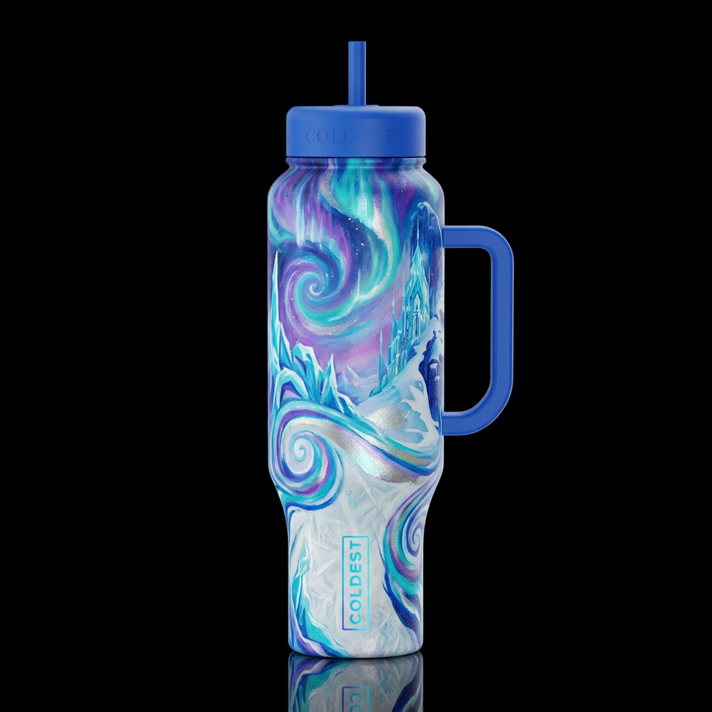 frozen tundra, magical, fantasy, vibrant, swirls, ... water bottle design