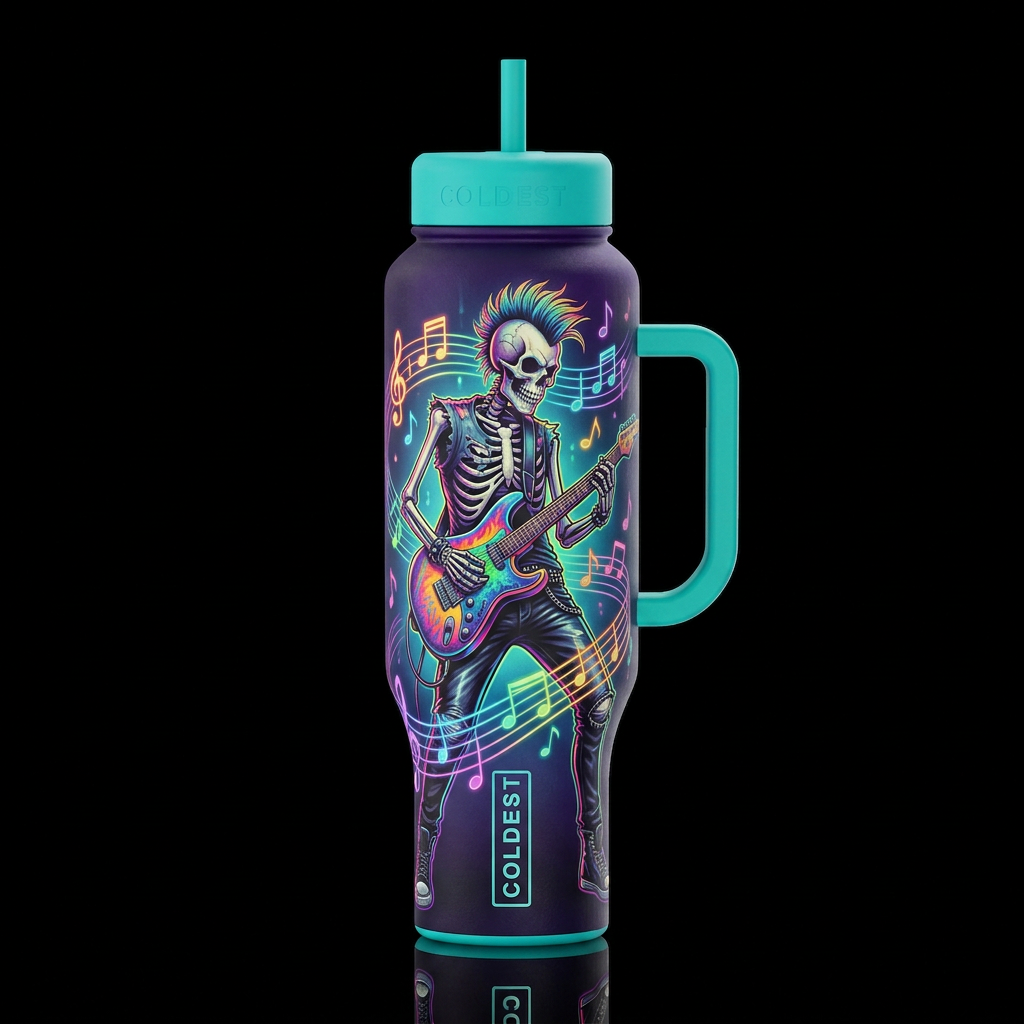 colorful punk rock skeleton dressed in leather pan... water bottle design