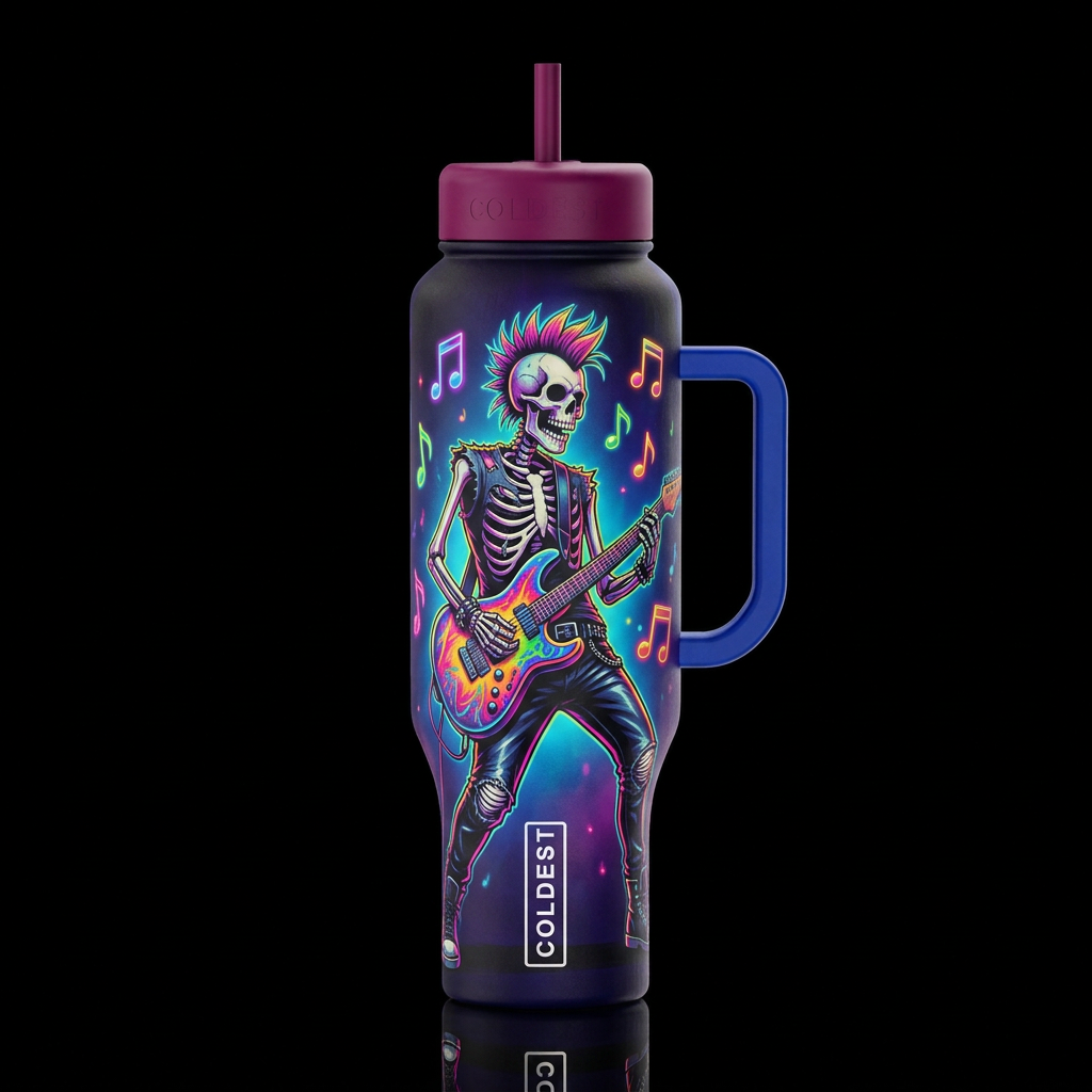 colorful punk rock skeleton dressed in leather pan... water bottle design