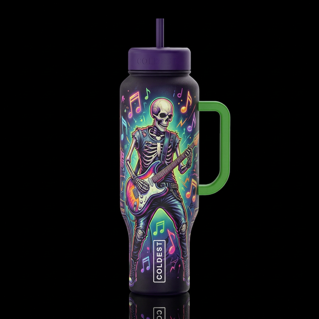 colorful punk rock skeleton dressed in leather pan... water bottle design