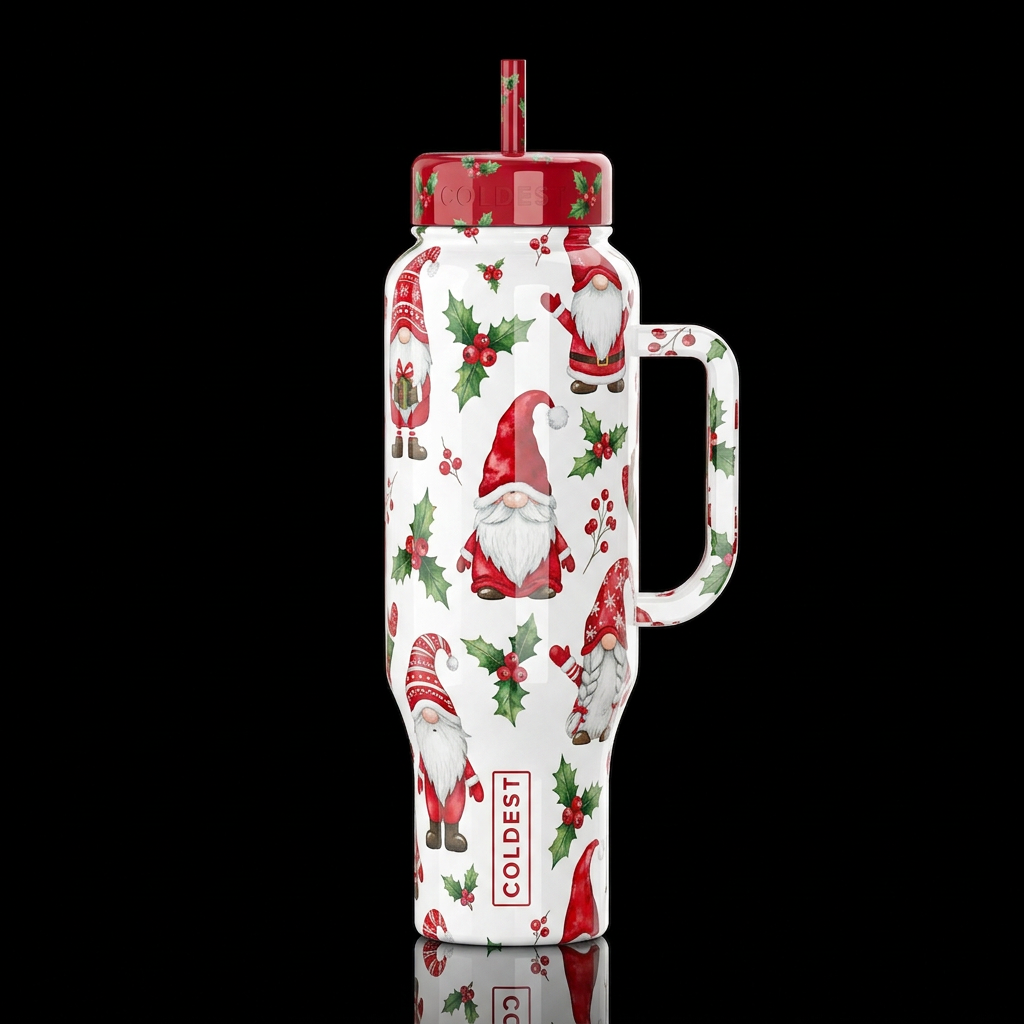 Santa gnomes holly with holy berries on a white ba... water bottle design