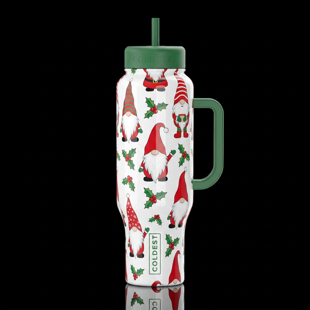 Santa gnomes holly with holy berries on a white ba... water bottle design